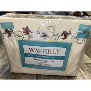 New Waverly Embroidered Floral 5pc Twin Sheets & Pillowcase Set Natural Ivory‎